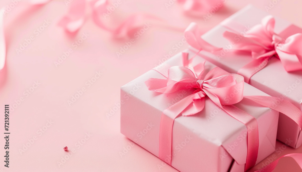 colorful pink gift box wrapped with pink ribbons with writing space available on one side, background for valentines day, birthday, anniversary, wedding, celebration.