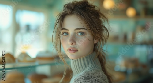 A striking portrait of a young woman with long brown hair, wearing fashionable clothing and gazing directly at the camera, her lips and eyelashes accentuated against a neutral indoor wall backdrop