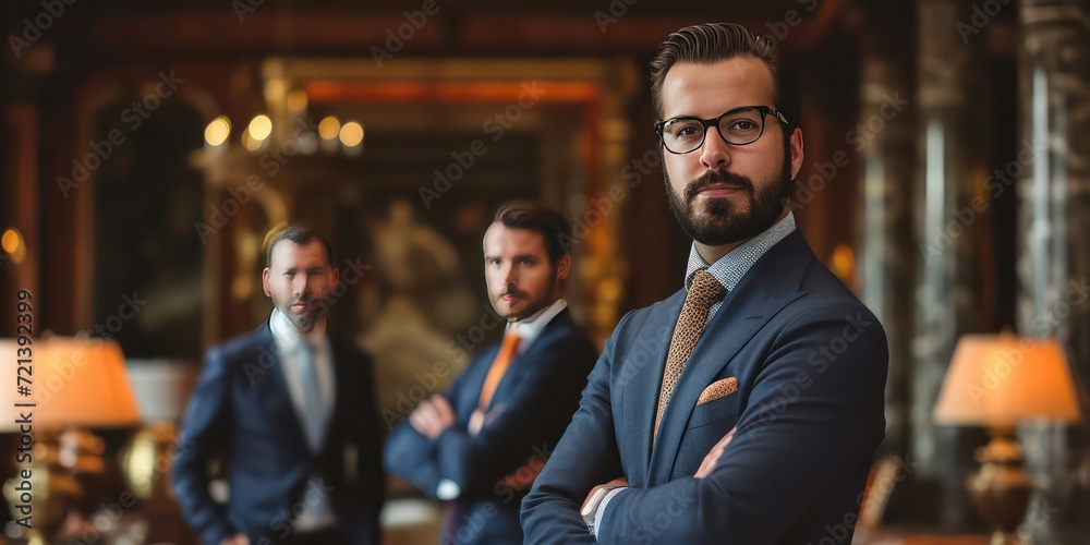 Fototapeta premium Handsome man, along with his team of startup managers, standing in the opulent backdrop of a luxury office.