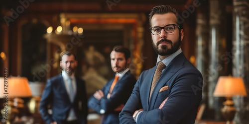 Handsome man, along with his team of startup managers, standing in the opulent backdrop of a luxury office.