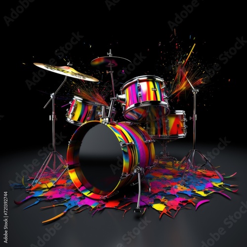 Drum set with colorful splashes on black background. 3d illustration