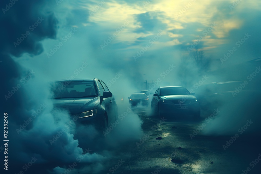 Blur turquoise silhouettes of cars surrounded by steam from the exhaust pipes. Environmental pollution