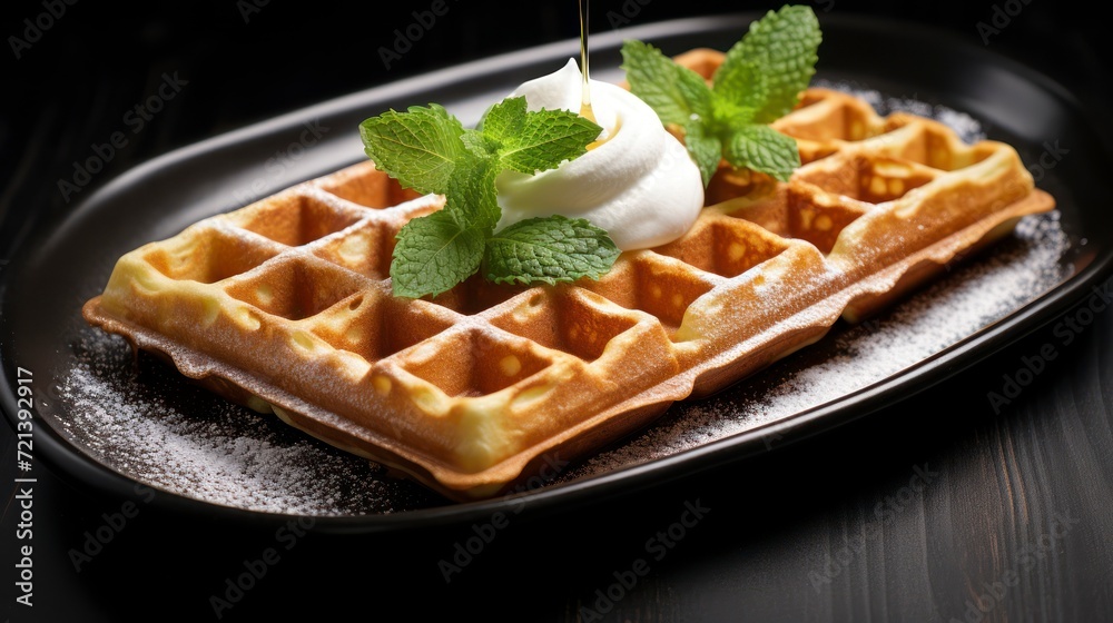 A Delectable Belgium Waffle Adorned with Mint on a Sleek Black Plate A Delectable Belgium Waffle Adorned with Mint on a Sleek Black Plate