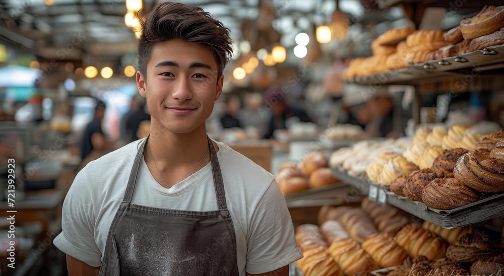 A skilled baker, adorned in an apron, proudly stands amidst an array of delectable treats, beckoning customers to indulge in the mouth-watering delights of their bakery