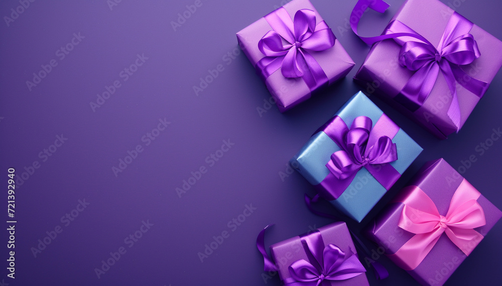 five colorful purple gift box wrapped with purple ribbons with writing space available on one side, background for birthday, anniversary, wedding, celebration. - obrazy, fototapety, plakaty 