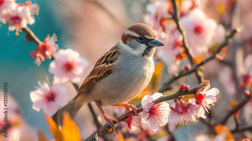 A sparrow bird sits on a blossoming branch of an apple tree. AI Generative.