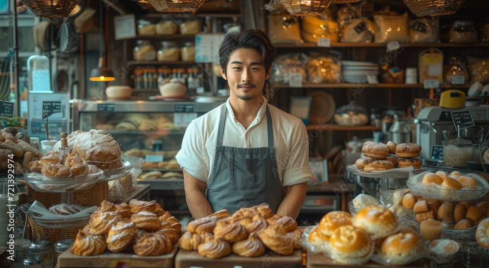 A hungry man stands in awe at the colorful display of freshly baked pastries, surrounded by the tempting aroma of the bakery and the bustling atmosphere of the busy shop