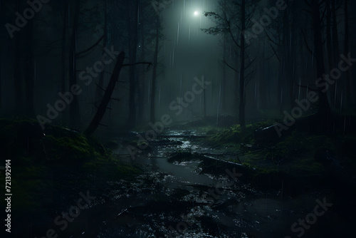 Rainy forest night wide shot cinematic style