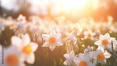sunlight on Easter flowers, abstract blank blurred spring background, beauty in nature concept, copy space - generative ai #721392977