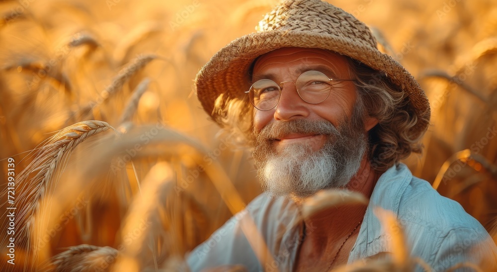 Amidst the golden wheat, a weathered man with a sun hat and moustache gazes proudly, embodying the resilience and wisdom of the land