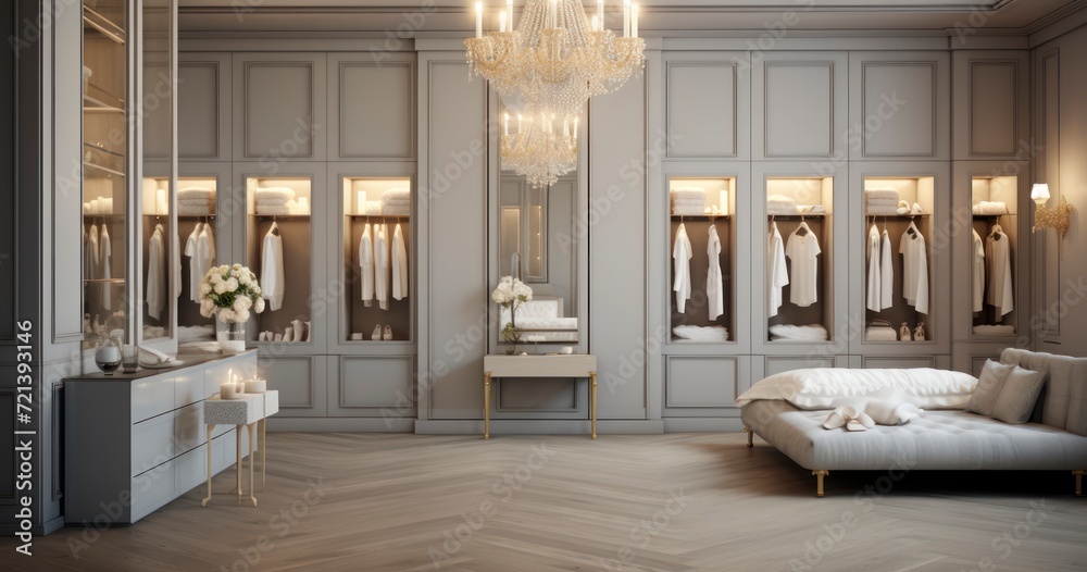 Elegant Tranquility - A Showcase of Classic Style in a White, Cozy Walk-In Closet with Unique Interior Design Elements