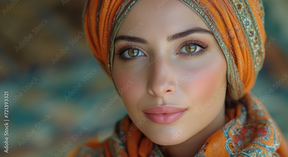 A stylish woman with striking green eyes and an orange head wrap poses for a portrait, showcasing her fashionable clothing and natural beauty
