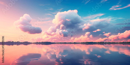 reflection of a serene sky in a lake, with the water taking on the calming hues of peach fuzz color. © Maximusdn