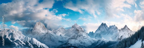 Serene beauty of snow-capped mountain peaks forming a textured pattern that conveys the majestic landscape. © Maximusdn