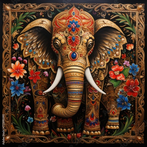 Elephant chaquira style oaxaca style oil painting