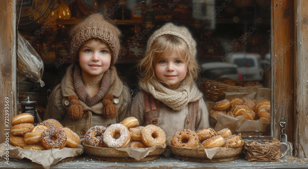 Two children delight in a bakery treat, their faces filled with joy as they sit by the window of the quaint shop, surrounded by freshly baked donuts and the comforting scent of bread