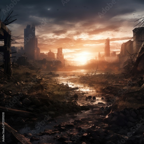 Empty post apocalyptic city landscape. A post-apocalyptic ruined city