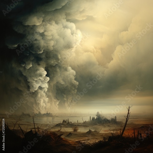  End of world, landscape with smoke and clouds