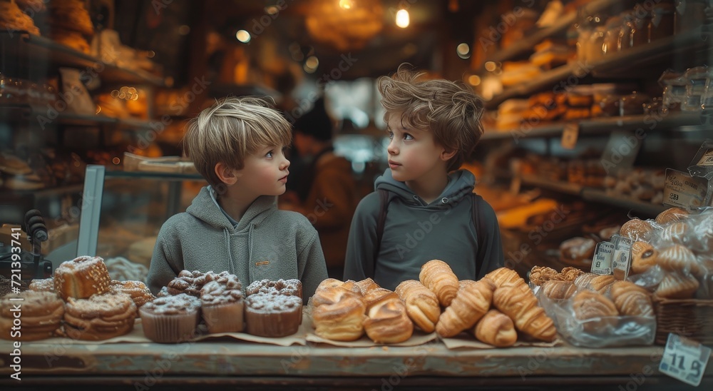 Two young boys dressed in casual clothing stand in awe at the delectable display of pastries inside the quaint bakery, their mouths watering at the sight of the freshly baked goods and tempting dough