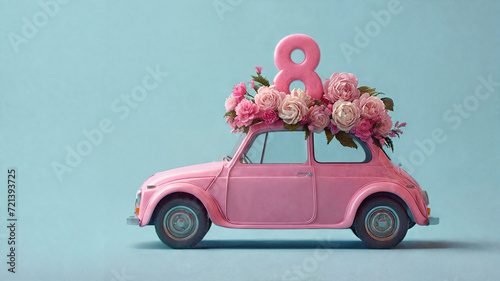 International Women's Day. Banner, flyer, postcard. Pink toy retro car with flowers and number 8 on the roof, empty space. AI Generative