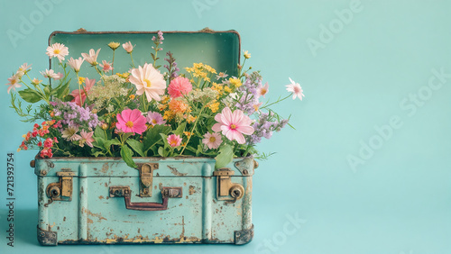 Vintage open suitcase with bright wildflowers. The concept of the arrival of spring, travel. AI Generative