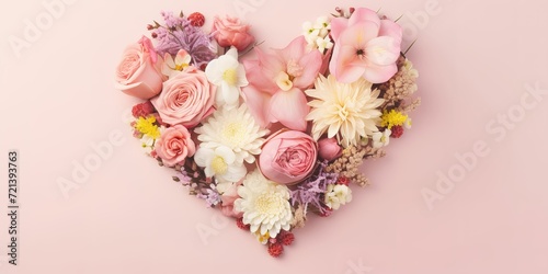 Heart surrounded with fresh colorful flowers on pastel pink background. © Poulami