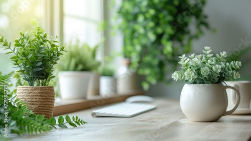 Fresh Indoor Greenery on a Bright Workspace with Open Space for Text or Logo, Spring Freshness Theme 