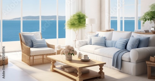 A Beautifully Designed Living Room with Coastal Aesthetics  White and Blue Tones  and Breathtaking Seascape Views