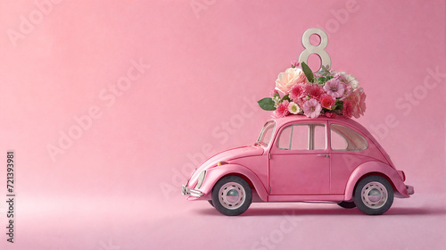 International Women's Day. Banner, flyer, postcard. Pink retro car with flowers and number 8 on the roof on a pink background, empty space. AI Generative