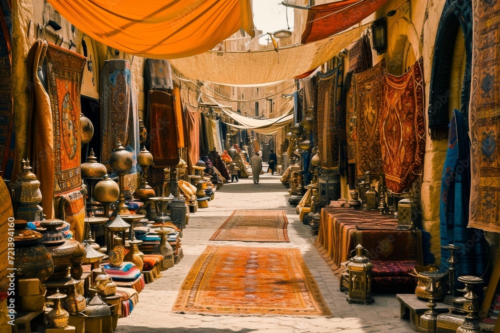 Colorful traditional market street with rugs and crafts, showcasing local culture and artisan products, perfect for travel and tourism themes.