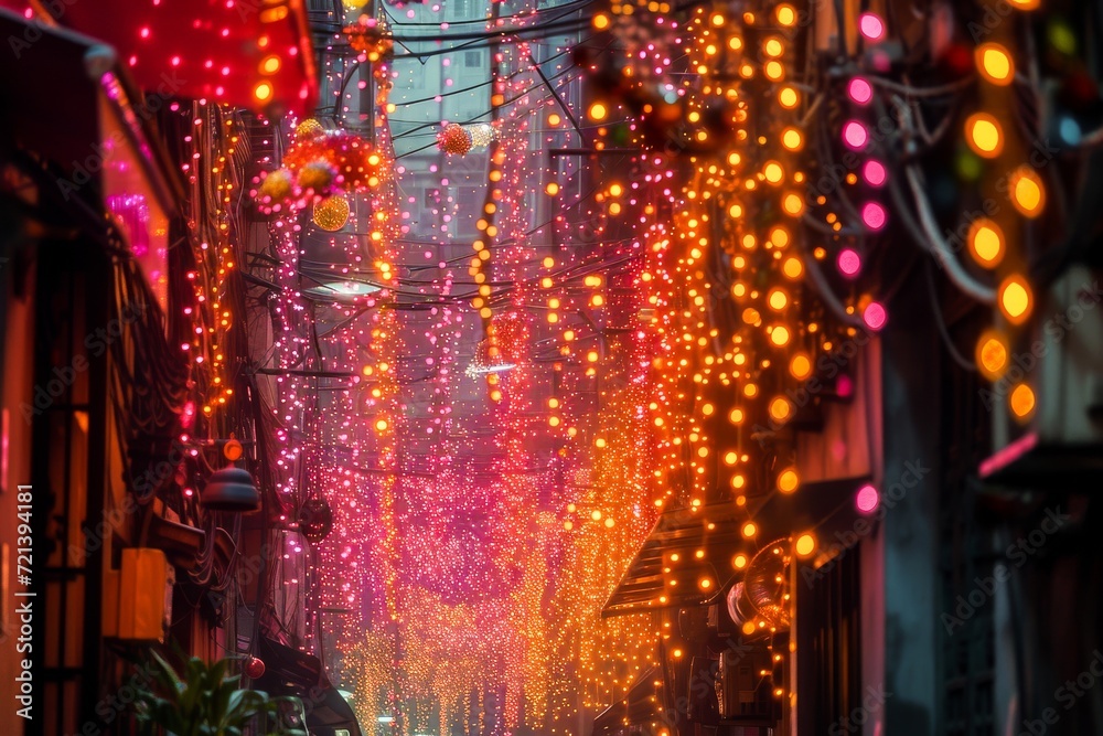 A vibrant city alley illuminated with myriad colorful lights and decorations at night, creating a festive and magical atmosphere.