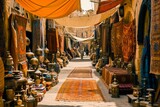 Colorful traditional market street with rugs and crafts, showcasing local culture and artisan products, perfect for travel and tourism themes.
