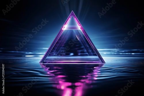 Glowing neon triangle with reflections in water surface.