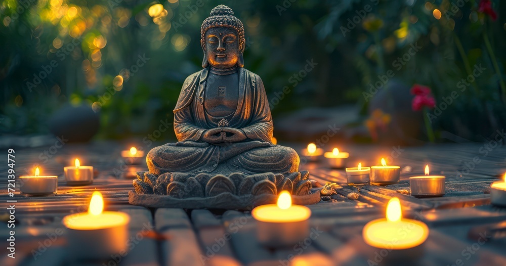 A Buddha Statue Amidst Candles with a Natural Backdrop