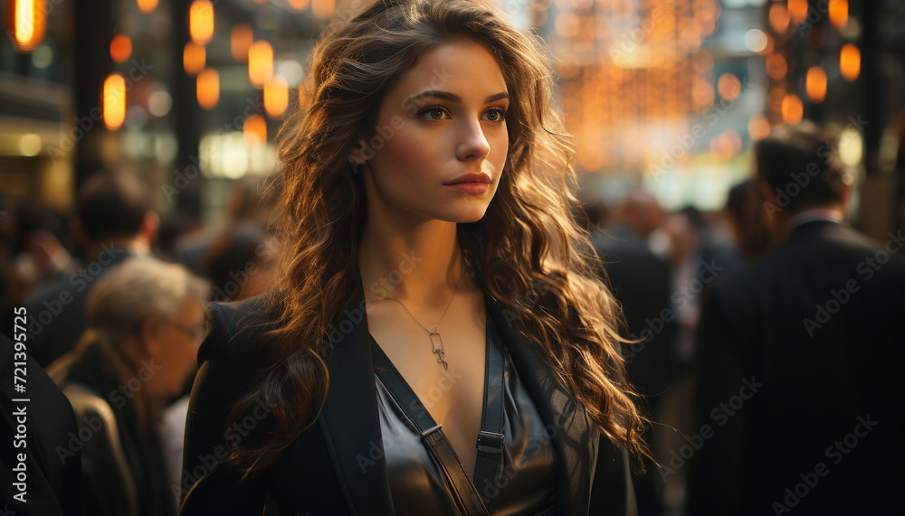 A confident young woman walking in the city at night generated by AI A confident young woman walking in the city at night generated by AI
