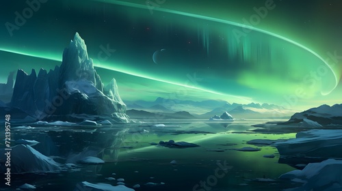 the aurora lights shine brightly in the night sky over an ice floese and icebergs in the ocean.