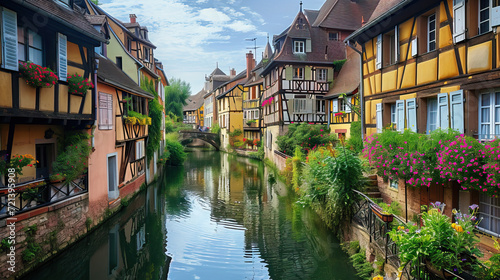 Charming medieval town by the canal in Belgium, featuring old houses, bridges, and reflections on the water under a picturesque European sky photo