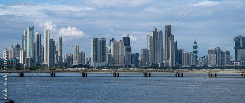 Wide angle panorama shot of Panama City skyline in Middle America