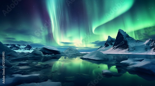 the aurora lights shine brightly in the night sky over an ice floese and icebergs in the ocean.