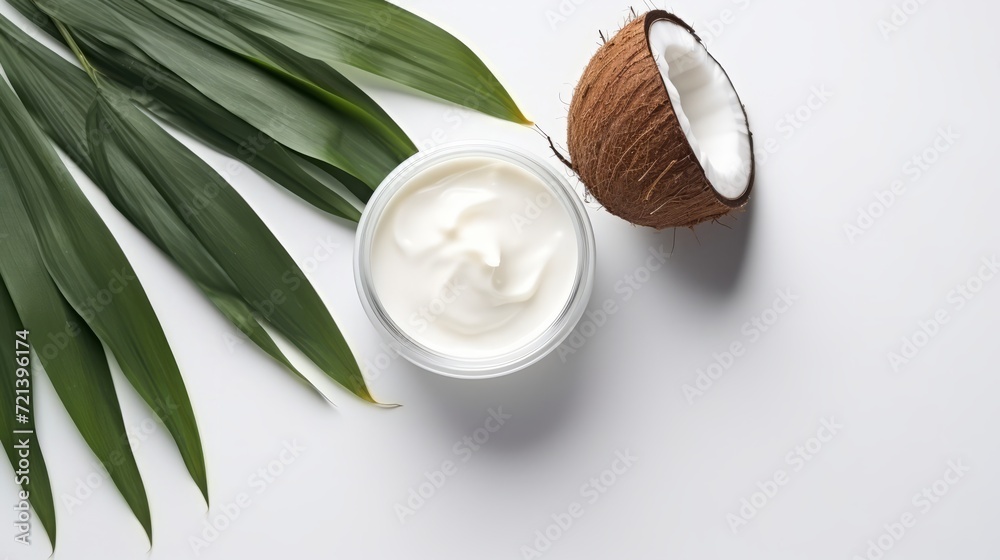 Coconut Extract with Cosmetic cream for skin and hands on white background. Coconut cream lotion. Copy space. Horizontal banner.