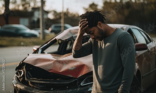 Sad man after a car accident holding his head. Car accident on the street, damaged car on background