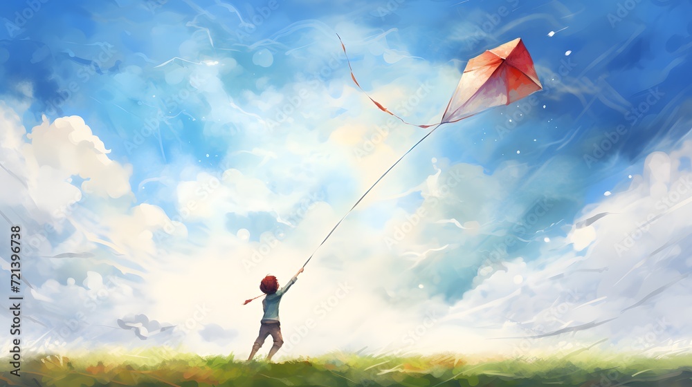 Watercolor illustration of kite flying in the sky. - obrazy, fototapety, plakaty 