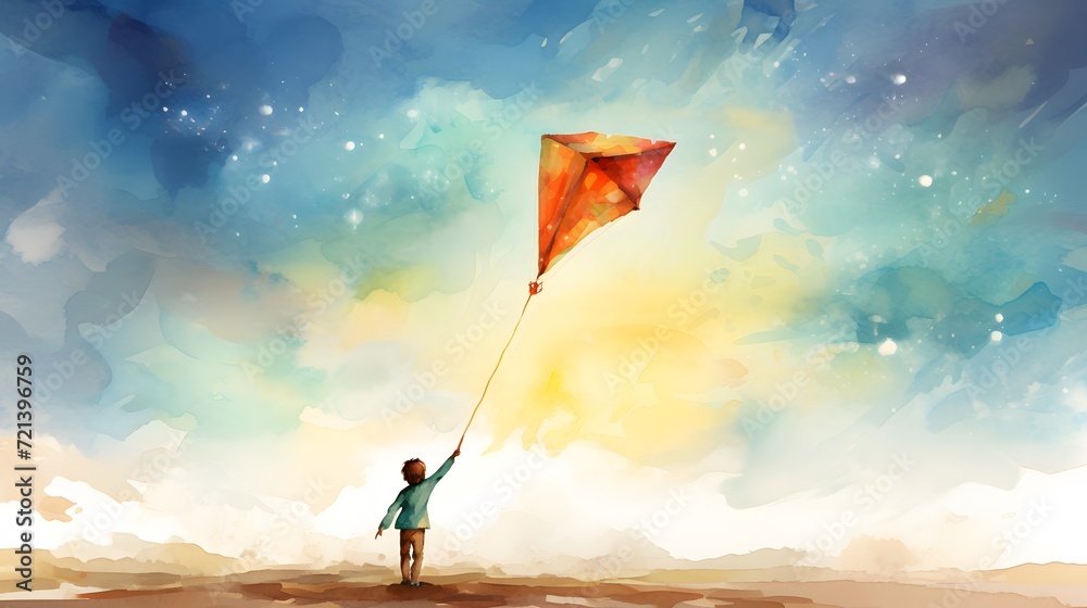 Watercolor illustration of kite flying in the sky. - obrazy, fototapety, plakaty 