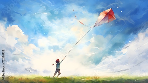 Watercolor illustration of kite flying in the sky. photo