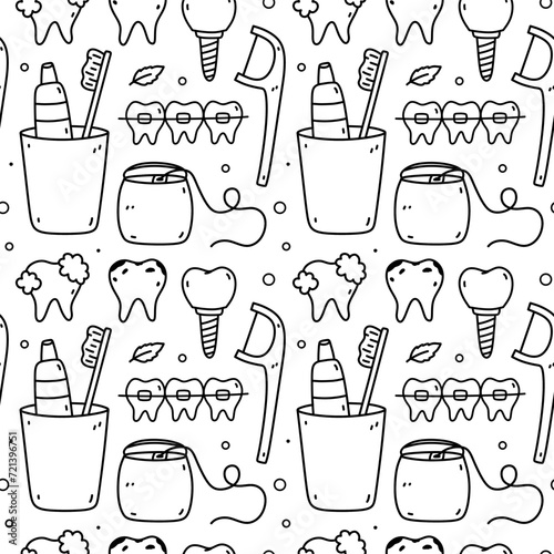 Seamless pattern with dental care items - dental floss, toothbrush, toothpaste, implants, teeth, braces. Oral hygiene. Vector hand-drawn doodle illustration. Perfect for print, wallpaper, decorations.