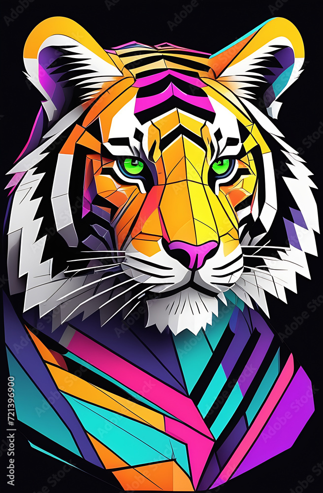 tiger head in geometric style multi-colored on a black background.Looks into the frame