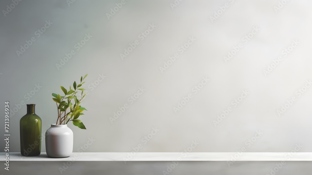 White empty concrete textured wall and podium stage background, green glass vase with plants, neutral sustainable natural brand product showcase template, mock up with copy space