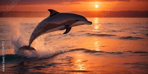 A dolphin leaps gracefully against a deeply colored sunset, its silhouette a dance of joy and freedom in the vibrant tapestry of the evening sky. © CR8ORCrafts