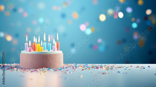 A celebration birthday cake decorated with colorful sugar sprinkles, buttercream frosting and munticolored birthday candles. Birthday cake on empty blue floor and wall, light bokeh background