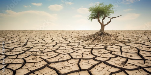 minimalistic design Tree on cracked ground due to drought and global warming.